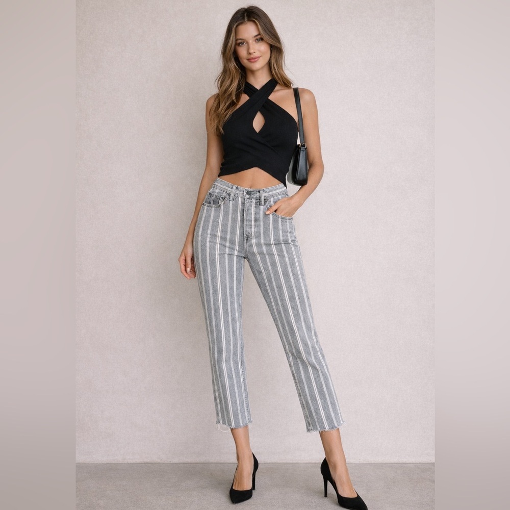 Boyish THE TOMMY high rise slim straight jean 24 grey striped raw hem button fly